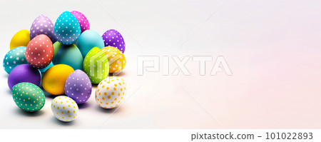 The Easter banner displays colorful eggs against a white backdrop, allowing for plenty of space for your text. Generative AI. 101022893
