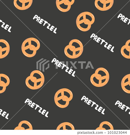 Pretzel, delicious pastries seamless pattern on black background. Traditional German bread with salt Pretzel, delicious pastries seamless pattern on black background. Traditional German bread with salt 101023044