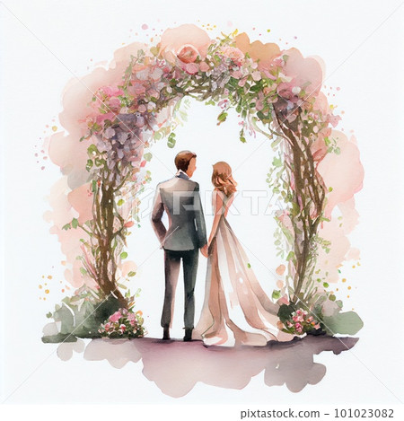 Watercolor illustration of beautiful wedding couple back view 101023082