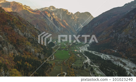 Arial view of beautiful morning of village valley in Albania shot from drone. 101023240