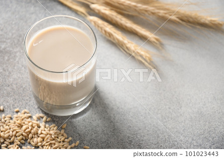 Vegan Barley milk in glass, plant based milk replacer. 101023443