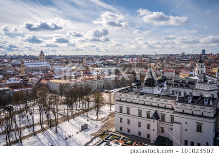 Vilnius Old Town covered in Snow view from Gediminas tower in Winter. Vilnius, Lithuania. Vilnius Old Town covered in Snow view from Gediminas tower in Winter. Vilnius, Lithuania. 101023507