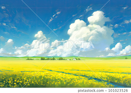 Blue sky, white clouds and rape field 101023526