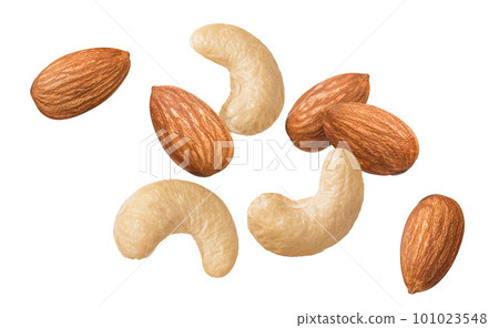 Flying fresh cashew and almond nuts isolated on white background. Top view 101023548