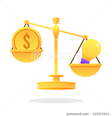 Weigher gold business Idea and money stack balance on scale. libra Idea is money concept. Investment in an idea. Vector illustration in flat style EPS Weigher gold business Idea and money stack balance on scale. libra Idea is money concept. Investment in an idea. Vector illustration in flat style EPS 101023813