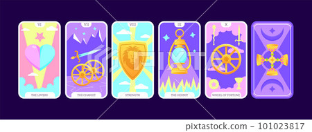 Tarot cards flat deck cartoon. Taro card major arcanas Include of lovers, chariot, strength, hermit, and wheel of fortune occult vector game set. Full pack with esoteric magic and astrology symbols 101023817