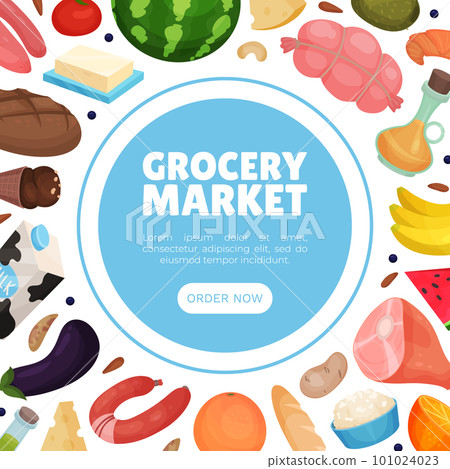 Grocery Market Design with Products and Fresh Food Vector Template 101024023