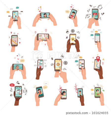 Hand Holding Phone Text Messaging, Watching Video, Purchasing Using Internet Big Vector Set Hand Holding Phone Text Messaging, Watching Video, Purchasing Using Internet Big Vector Set 101024035