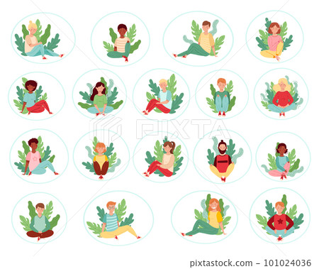 People Characters Sitting on the Ground with Floral Leaves Behind Big Vector Illustration Set 101024036