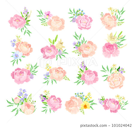 Floral Bouquet of Peonies and Garden Flowers Big Vector Set 101024042