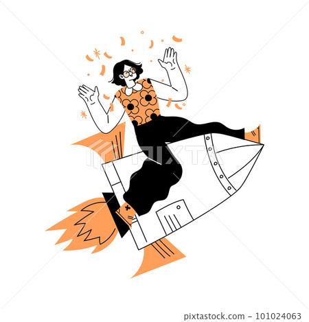 Marketing with Woman Character Riding Rocket Vector Illustration 101024063