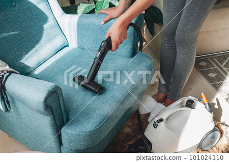 Hand cleaning a armchair with steam cleaner, Home cleaning conce Hand cleaning a armchair with steam cleaner, Home cleaning conce 101024110