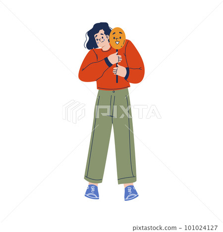 Crying Woman Character with Fake Emotion Smiling Mask Vector Illustration 101024127