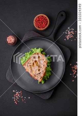 Delicious sandwich with crispy toast, chicken, tomatoes and lettuce Delicious sandwich with crispy toast, chicken, tomatoes and lettuce 101024349
