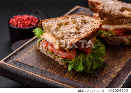 Delicious sandwich with crispy toast, chicken, tomatoes and lettuce 101024360