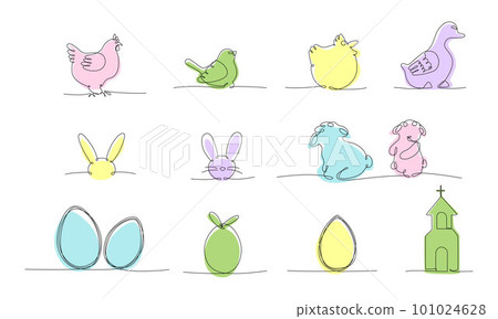 Easter continues one line pack. Vector stock illustration set isolated on white background for design template egg hunt, invitation, greeting card, menu. Editable stroke single line. EPS10 Easter continues one line pack. Vector stock illustration set isolated on white background for design template egg hunt, invitation, greeting card, menu. Editable stroke single line. EPS10 101024628