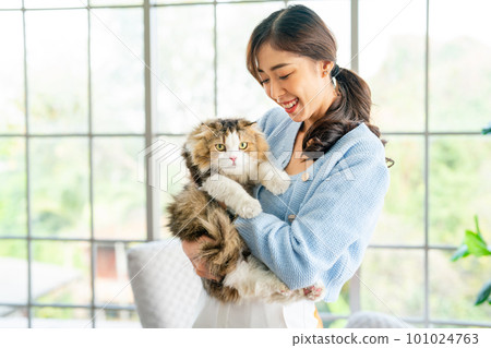 Asian woman hold and teasing fluffy cat while cat look at camera and woman look happiness 101024763