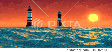 Lighthouse by sea. Tall building on hill and beautiful scenery. 101024818