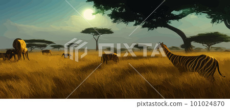 Wild savanna landscape. Savannah, wild African nature with trees, grass, sand 101024870