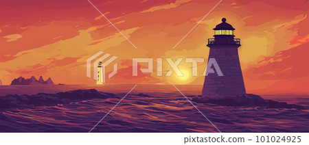 Lighthouse by sea. Tall building on hill and beautiful scenery. 101024925