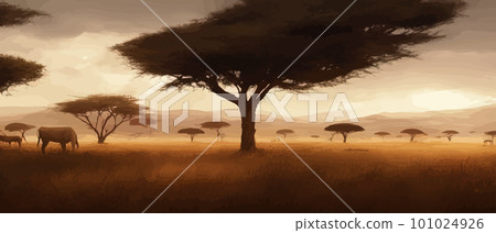 Wild savanna landscape. Savannah, wild African nature with trees, grass, sand 101024926
