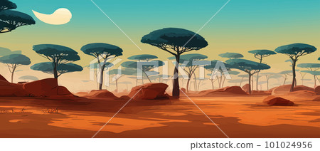 Wild savanna landscape. Savannah, wild African nature with trees, grass, sand 101024956