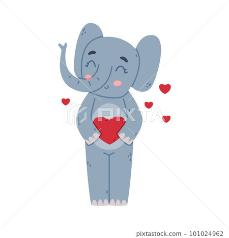 Funny Elephant with Large Ear Flaps and Trunk Holding Red Heart and Smiling Vector Illustration Funny Elephant with Large Ear Flaps and Trunk Holding Red Heart and Smiling Vector Illustration 101024962