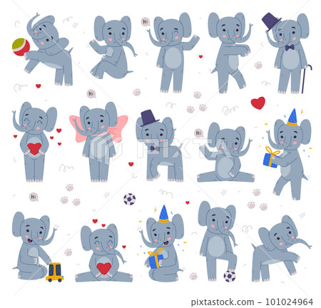 Funny Elephant with Large Ear Flaps and Trunk Engaged in Different Activity Vector Set Funny Elephant with Large Ear Flaps and Trunk Engaged in Different Activity Vector Set 101024964