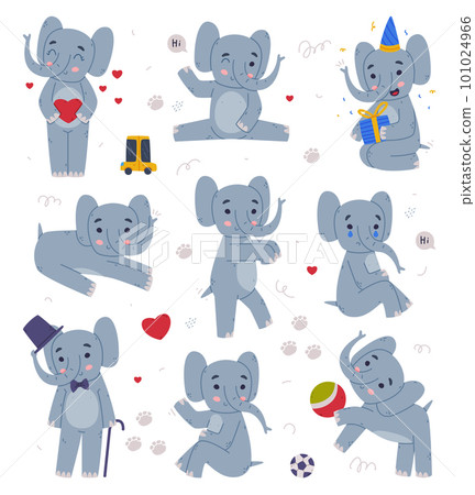 Funny Elephant with Large Ear Flaps and Trunk Engaged in Different Activity Vector Set Funny Elephant with Large Ear Flaps and Trunk Engaged in Different Activity Vector Set 101024966