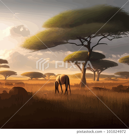 African savanna landscape, African wildlife cartoon with green trees, rocks African savanna landscape, African wildlife cartoon with green trees, rocks 101024972