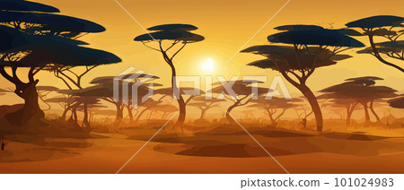 Wild savanna landscape. Savannah, wild African nature with trees, grass, sand 101024983