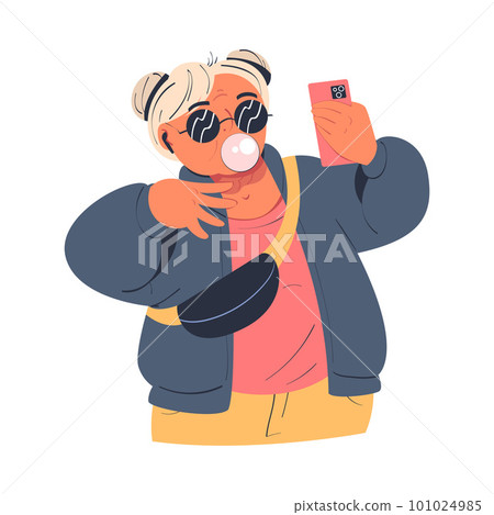 Senior lady blogger in stylish trendy outfit blowing bubble with bubble gum while recording new content for social media. Elderly people video communication vector illustration Senior lady blogger in stylish trendy outfit blowing bubble with bubble gum while recording new content for social media. Elderly people video communication vector illustration 101024985