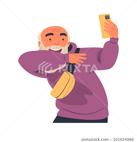 Happy elderly man blogger streaming online video or taking photo portrait. Elderly people video communication and blogging vector illustration Happy elderly man blogger streaming online video or taking photo portrait. Elderly people video communication and blogging vector illustration 101024986