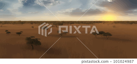 Wild savanna landscape. Savannah, wild African nature with trees, grass, sand 101024987
