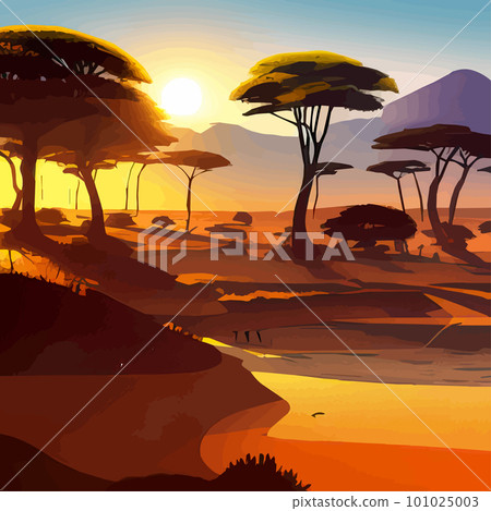 Wild Africa. Far Horizon landscape. Scene with sand and plants. Savannah Wild Africa. Far Horizon landscape. Scene with sand and plants. Savannah 101025003