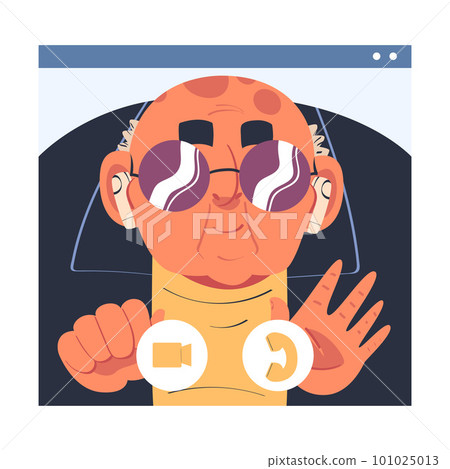 Happy mature man blogger in sunglasses recording new content for social media. Elderly people video communication vector illustration Happy mature man blogger in sunglasses recording new content for social media. Elderly people video communication vector illustration 101025013