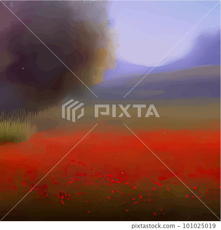 Spring landscape. Beautiful nature. Sunny landscape with poppies. Natural 101025019