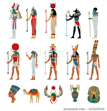 Set of Egyptian gods and goddesses. Osiris,... - Stock Illustration ...