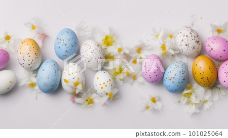 Easter eggs and small flowers on white background Floral border, on pastel 101025064