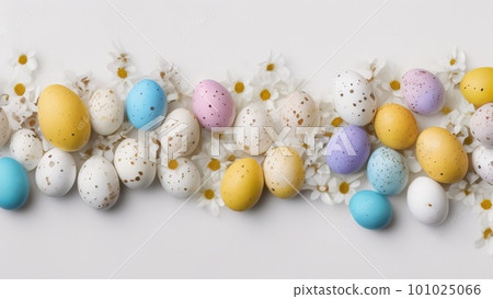Easter eggs and small flowers on white background Floral border, on pastel Easter eggs and small flowers on white background Floral border, on pastel 101025066