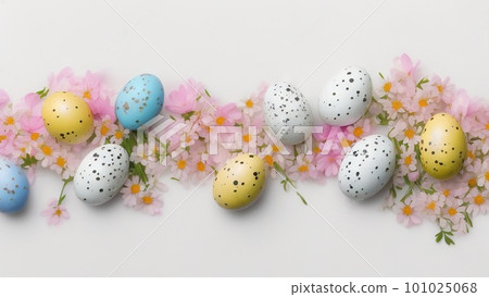 Easter eggs and small flowers on white background Floral border, on pastel Easter eggs and small flowers on white background Floral border, on pastel 101025068