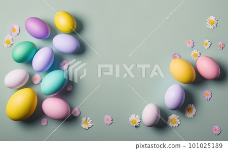 Happy easter background with flowers and eggs lined with a frame for text 101025189