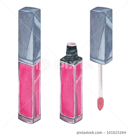 Pink lip gloss in silver case. Set of beauty fashion illustrations on a white background. Suitable for postcards. Watercolor hand drawn Pink lip gloss in silver case. Set of beauty fashion illustrations on a white background. Suitable for postcards. Watercolor hand drawn 101025264