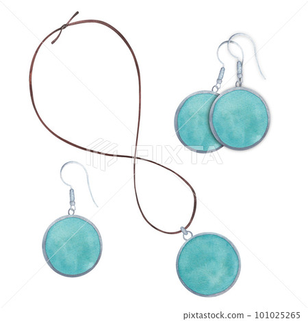 Set of beauty fashion watercolor illustrations with turquoise earrings and a silver pendant on a white background. Suitable for postcards. Hand drawn Set of beauty fashion watercolor illustrations with turquoise earrings and a silver pendant on a white background. Suitable for postcards. Hand drawn 101025265