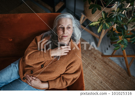 Portrait of pensive senior woman sitting in home. 101025316