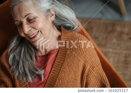 High angle view of happy senior woman sitting in a living room. High angle view of happy senior woman sitting in a living room. 101025317
