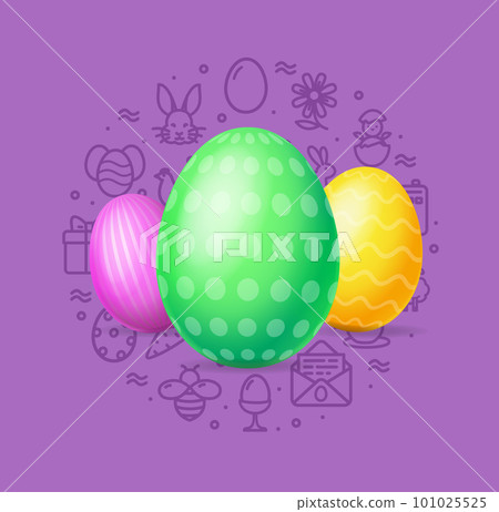 Happy Easter Concept with Realistic Detailed 3d Painted Eggs. Vector Happy Easter Concept with Realistic Detailed 3d Painted Eggs. Vector 101025525