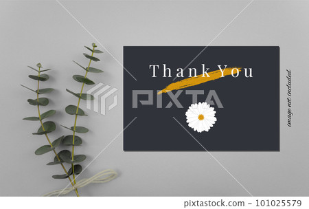 Thank you card template with brush stroke paint and chrysanthemum. Formal design with blue color. 101025579