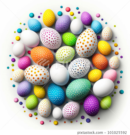 Festive Easter eggs displayed against a clean white background. Generative AI. 101025592