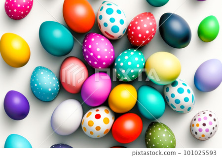 Easter eggs arranged on a plain white background. Generative AI. 101025593